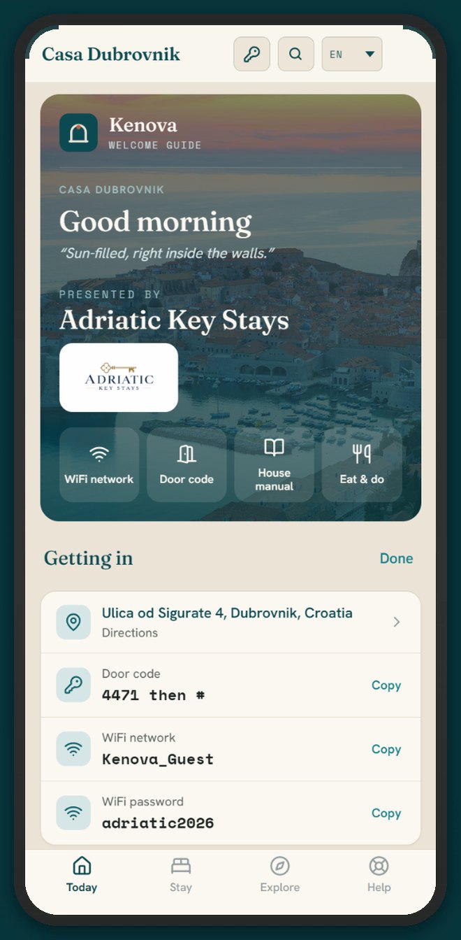A Kenova welcome guide on a phone, showing host branding, Wi-Fi and door code.