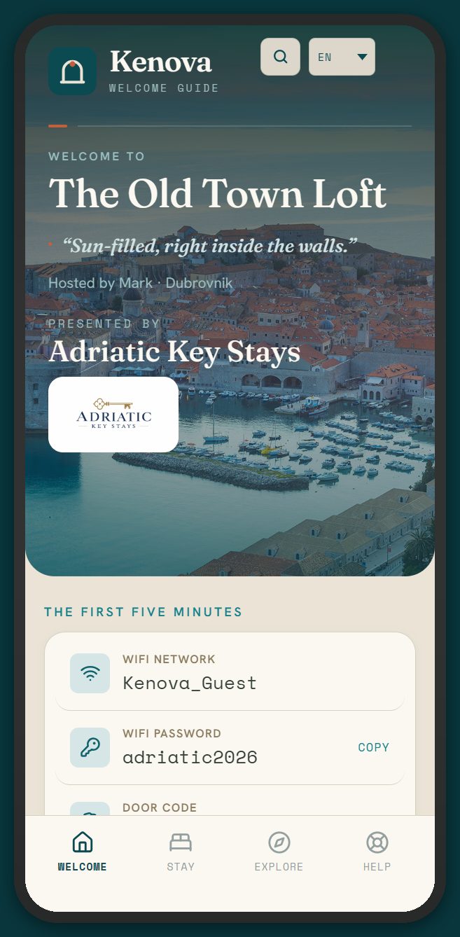 The Old Town Loft welcome guide on a phone, showing host branding, Wi-Fi and door code.