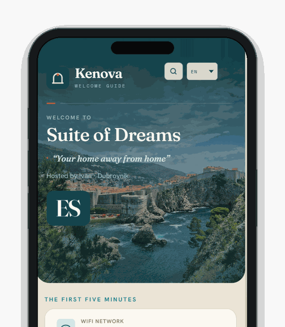 A Signature guide on a phone — the host's own cover photo and logo