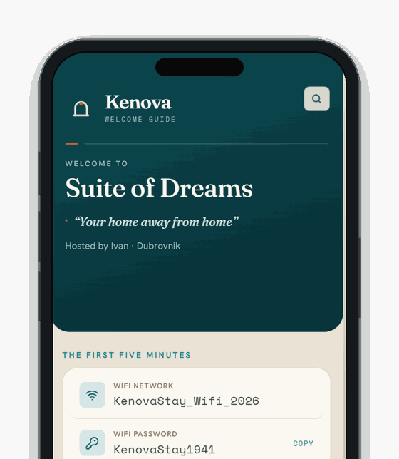 A Stay guide on a phone — teal cover, no host branding