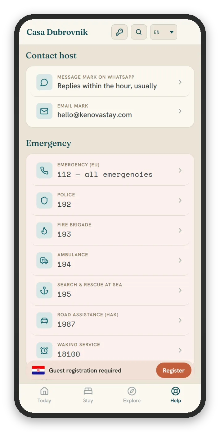 The Help screen: how to reach the host, plus local emergency numbers.