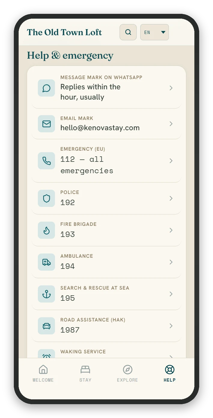 The Help screen: how to reach the host, plus local emergency numbers.