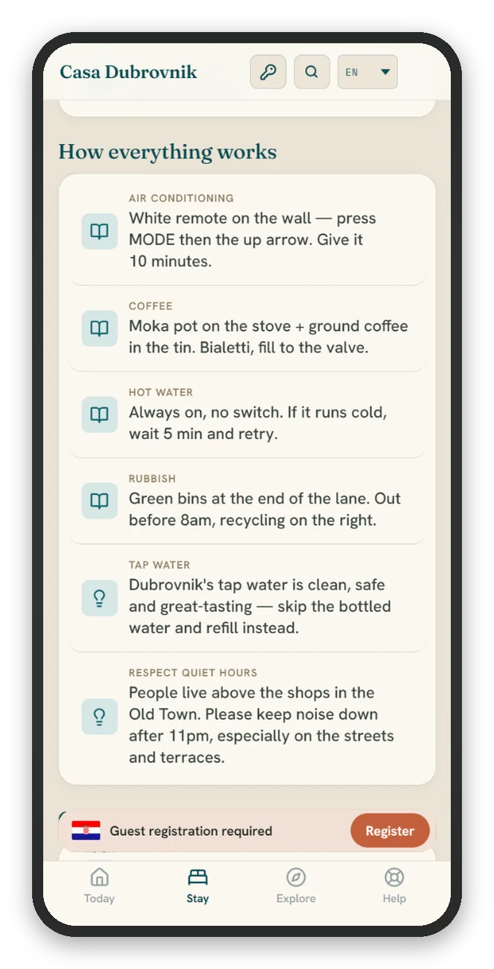 The Stay screen: how the air conditioning, coffee, hot water and rubbish collection work.