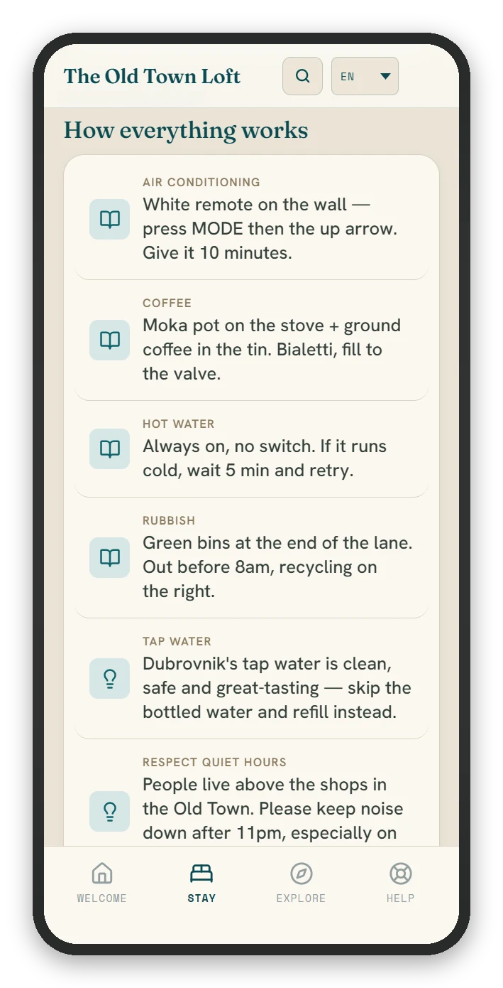 The Stay screen: how the air conditioning, coffee, hot water and rubbish collection work.