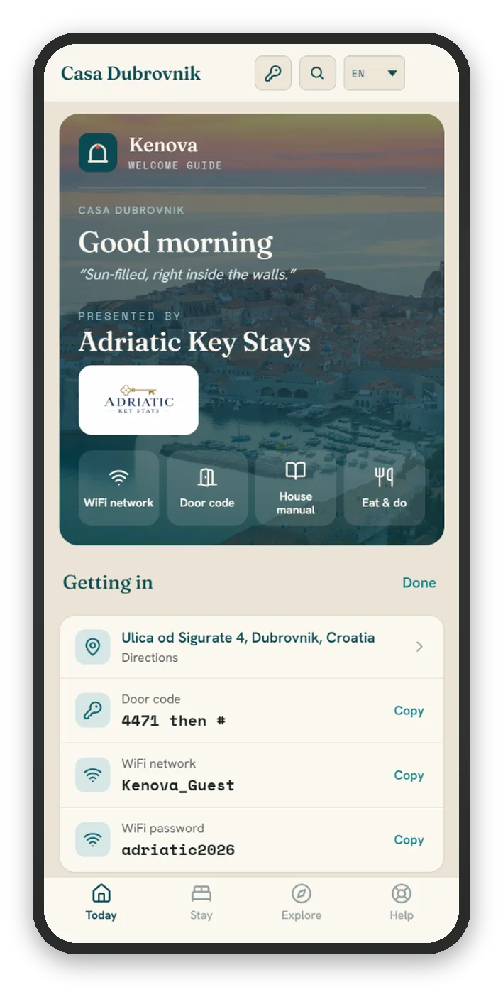 The welcome screen of a Kenova guide: the host's branding, Wi-Fi network and password, and the door code.