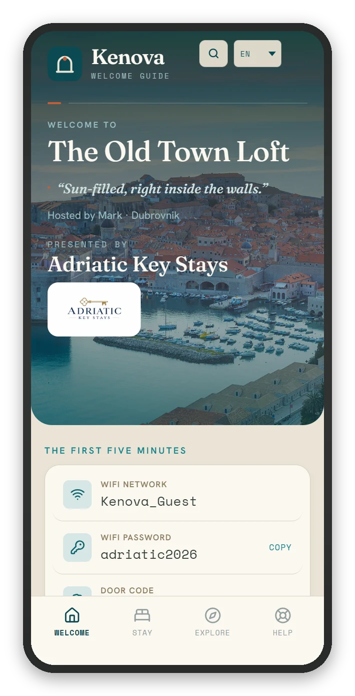 The welcome screen of a Kenova guide: the host's branding, Wi-Fi network and password, and the door code.