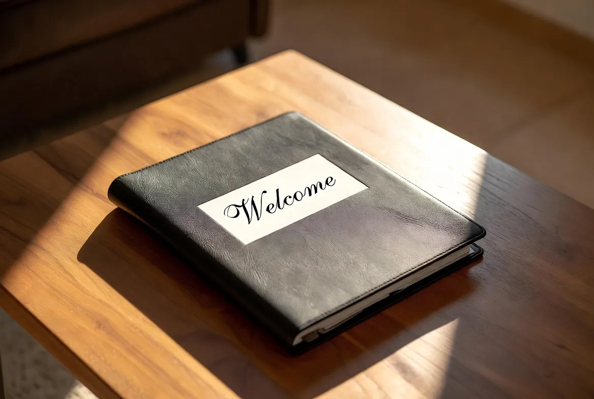 A well-loved welcome binder beside a digital welcome guide open on a phone